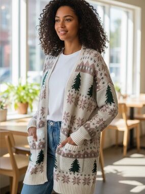 Maurices white and tan Open-Front Cardigan with Green Tree Motifs with pockets